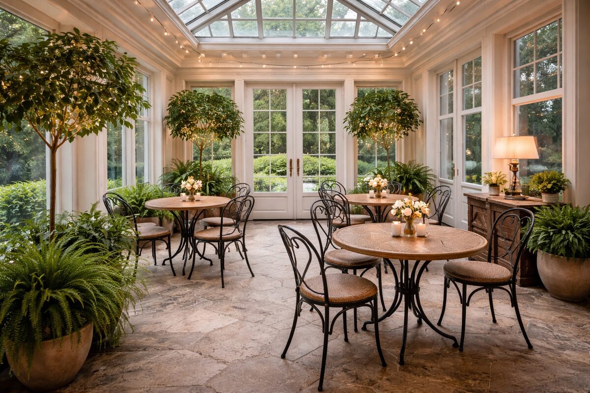 A bright conservatory with round tables, chairs, and plants