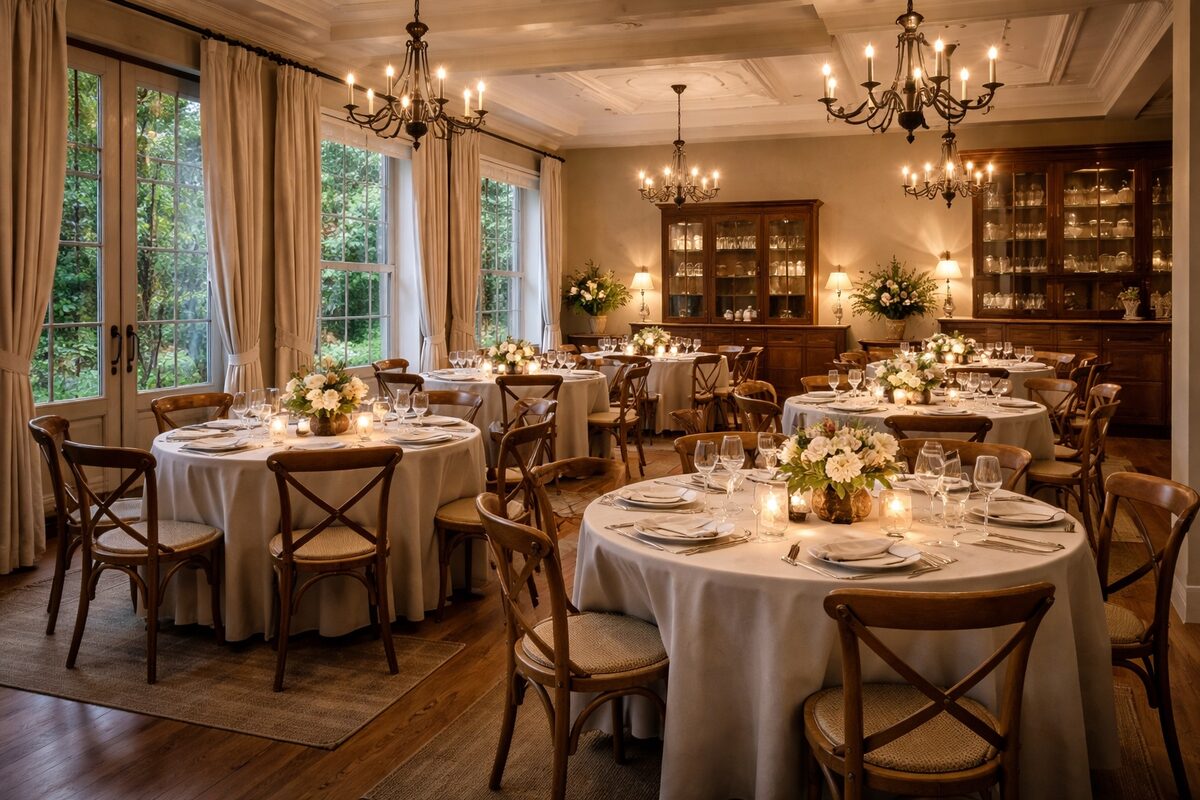 A candlelit dining room with several round tables prepared for gathering