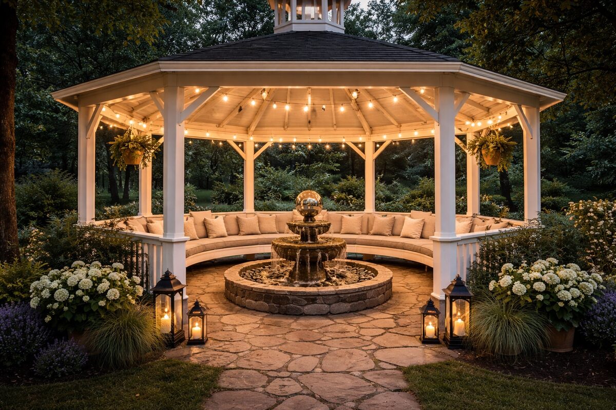 A circular gazebo with a curved bench, fountain, flowers, and warm lights