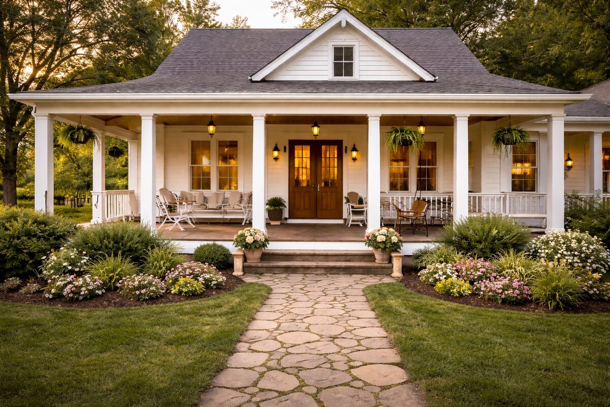 A welcoming white house with a long porch, garden, and path to the front door