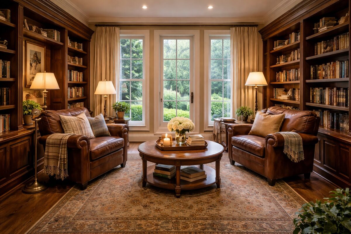 A warm library with two leather chairs, books, flowers, and a round table