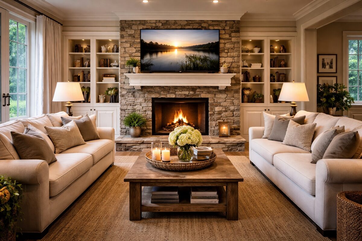 A welcoming living room with two sofas, a fireplace, candles, and flowers