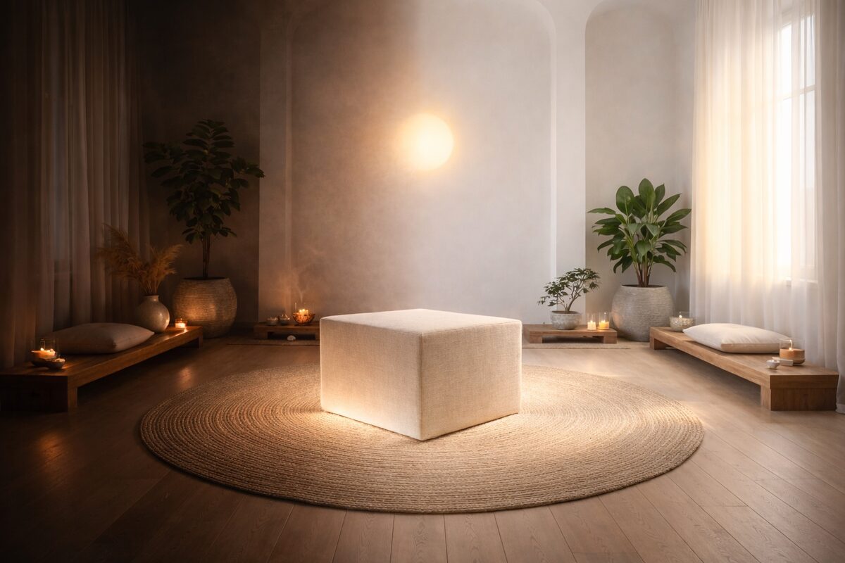 A softly lit room with cushions, candles, plants, and a round rug